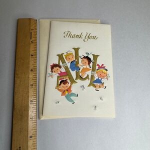 Vintage Rust Craft Thank You Card Children Birds Mid Century Unused